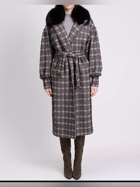 Italy Plaid Belted Trench Coat with Fur Collar - Black/Gray wrap